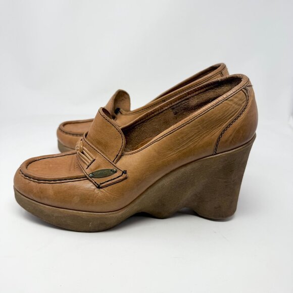 Vintage 1970s Famalore Hi-Up Platform Wedge Slip On Leather Loafer Hippie Boho - Picture 2 of 8
